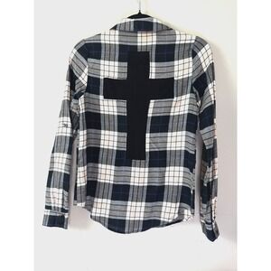VTG Y2K Plaid Button Up Top XS Mesh Cross Cutout Christian Jesus Grunge Skater